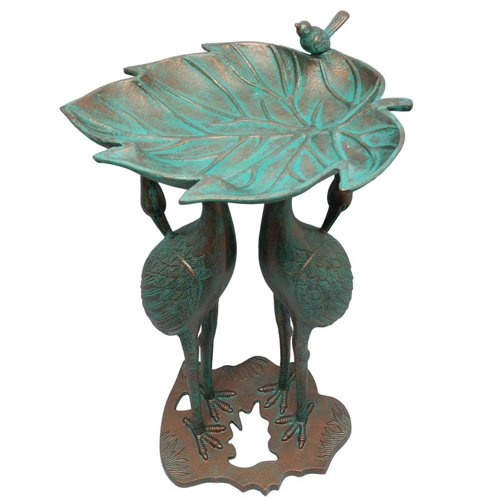Copper Patina Cast Aluminum Twin Crane Bird Bath with Leaf Bowl