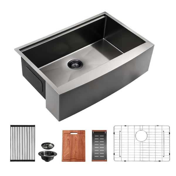 33 in. Farmhouse Apron-Front Workstation Sink Single Bowl 16-Gauge Gunmetal Black Stainless Steel Kitchen Sink