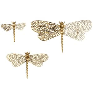 Aluminum Metal Gold Dragonfly Wall Decor with Spotted Cutout Wings (Set of 3)