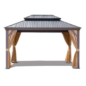 10 ft. x 14 ft. Aluminum Outdoor Double Galvanized Steel Roof Gazebo with Ceiling Hook, Mosquito Netting and Curtains