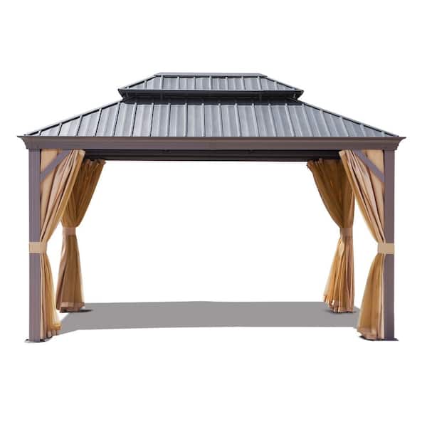 JOYSIDE 10 ft. x 14 ft. Aluminum Outdoor Double Galvanized Steel Roof Gazebo with Ceiling Hook, Mosquito Netting and Curtains