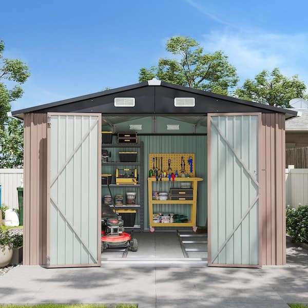 10 ft. W x 8 ft. D Brown Outdoor Metal Storage Shed with Metal Base Frame Floor, Lockable Door and Vents (80 sq. ft. )