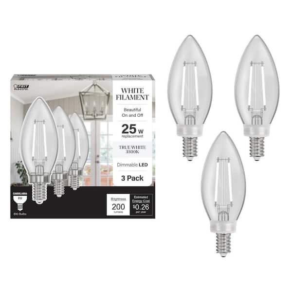 25W Equivalent B10 E12 Candelabra Dim White Filament Clear Glass Chandelier LED Light Bulb, Bright White 3000K (3-Pack)