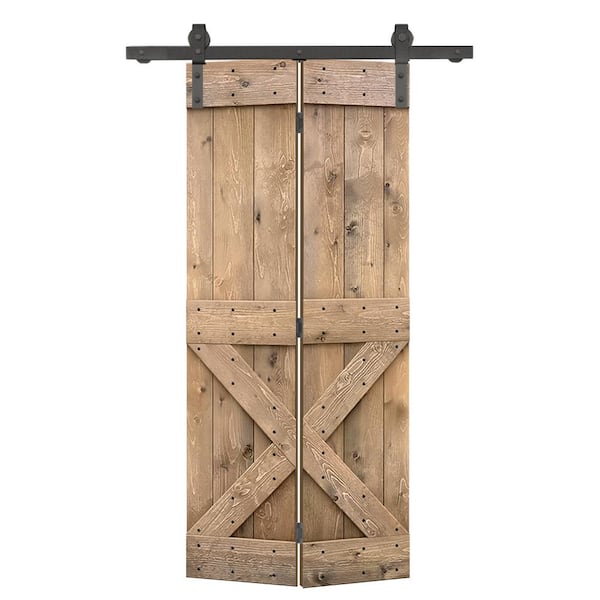 CALHOME 38 in. x 84 in. Solid Core Light Brown Stained Wood Bi-Fold Barn Door with Sliding Hardware Kit Mini X Pre Assembled