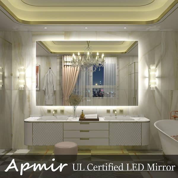 60 in. W x 38 in. H Rectangular Frameless UL Certified LED Backlited Anti-Fog Tempered Glass Wall Bathroom Vanity Mirror