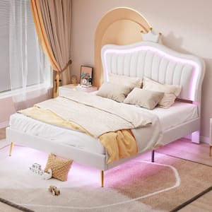 White Wood Frame Queen Size PU Leather Upholstered Platform Bed with Princess Crown Headboard, LED Lights, Metal Legs