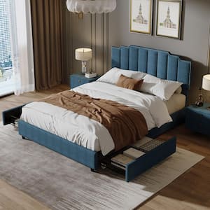 Blue Wood Frame Linen Bed Frame Queen Size Platform Bed with 2 Drawers, Load capacity 500 lbs.