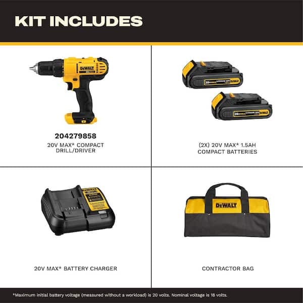 20V MAX Cordless 1/2 in. Drill/Driver, (2) 20V 1.3Ah Batteries, Charger and Bag