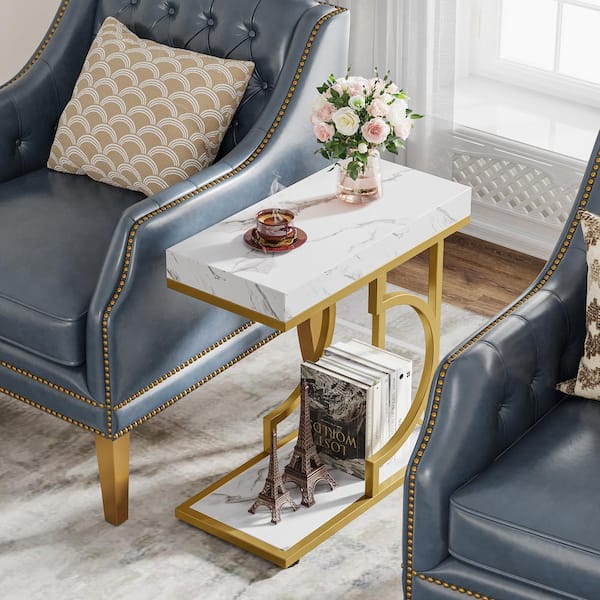 Kerlin 23.6 in. 1-Piece White and Gold C Shaped Wood Narrow Side Table Modern End Side Table with 2-Shelf