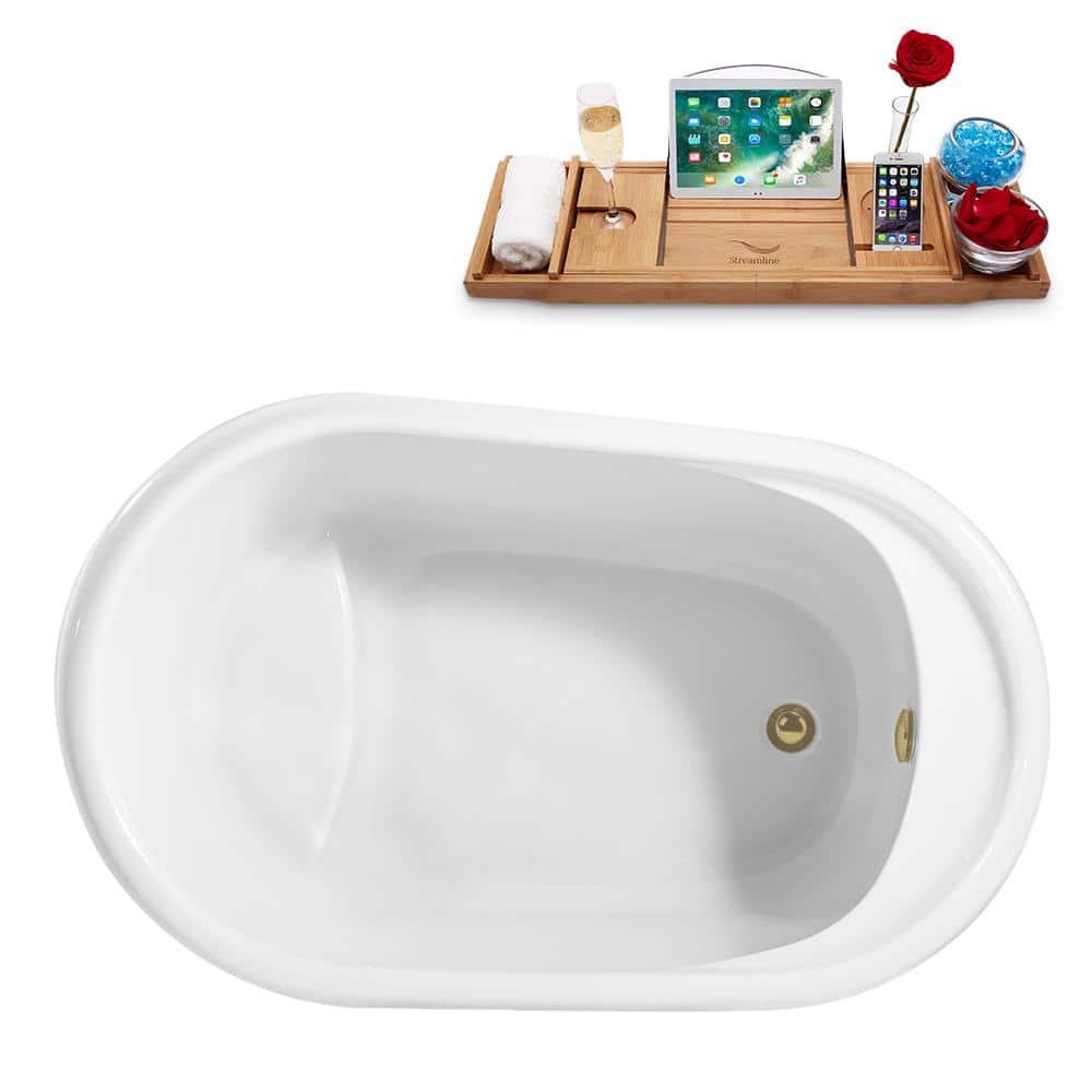 51" Glossy White Acrylic Freestanding Soaking Bathtub with Bamboo Tray