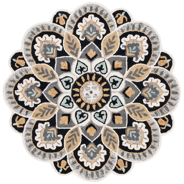 Novelty 9 ft. x 9 ft. Round Ivory/Black Medallion Floral Area Rug