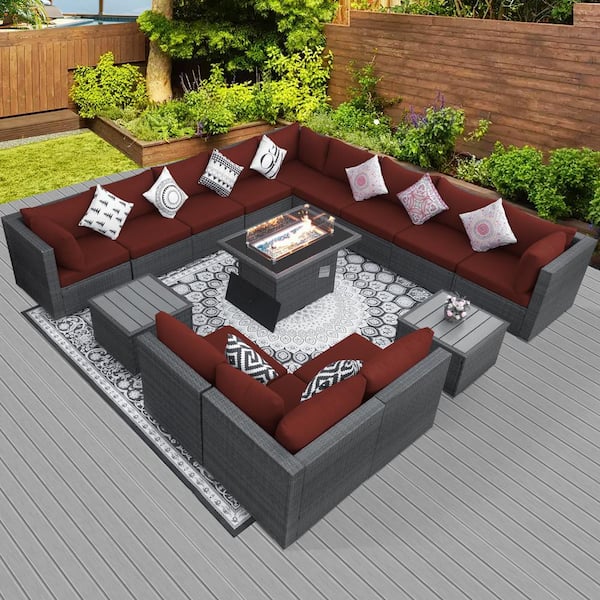 FINCATI 15-Piece Large Size Gray Wicker Patio Conversation Sofa Set with Dark Red Cushions Fire Pit Table and Coffee Tables