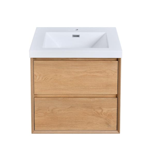 MinimalGrace 24 in. Single Sink Floating Oak Bath Vanity with White Resin Top