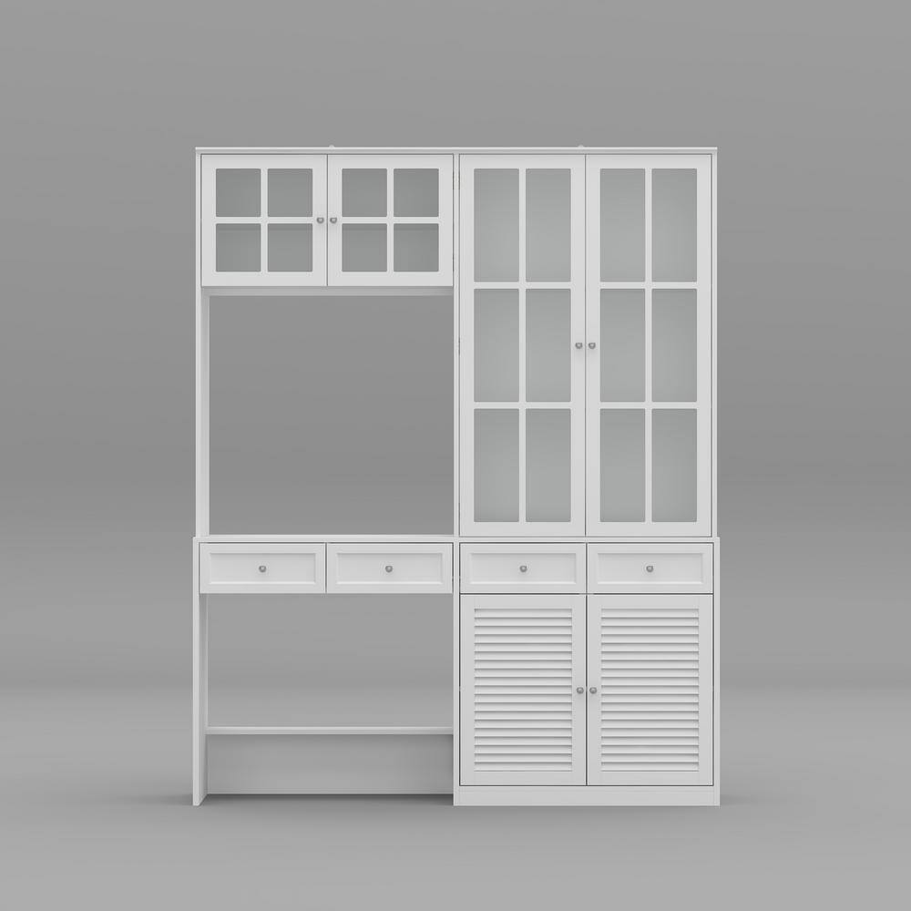 63 in. W Rectangle White Wooden 4-Drawer Computer Desk, Writing Desk with 5 Display Shelves, 2 Storage Shelves & 6 Doors