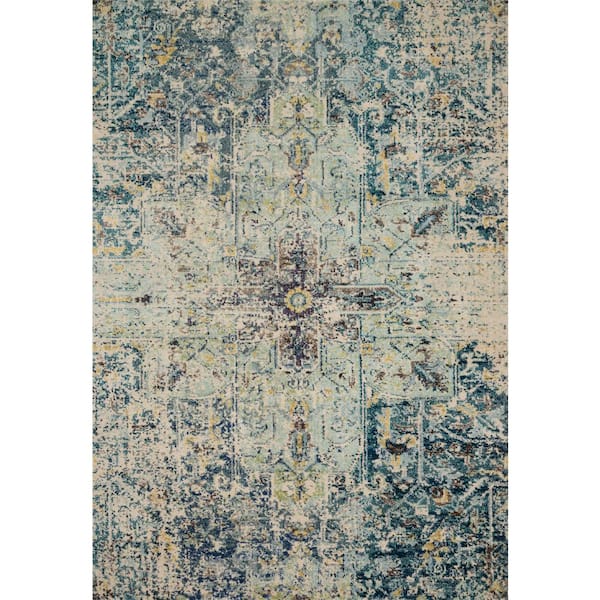 LOLOI II Nadia Aqua/Navy 2 ft. 2 in. x 12 ft. Transitional 100% Polypropylene Runner Rug