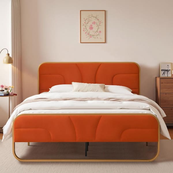Ahokua Orange Frame Full Size Soft Velvet Platform Bed with 10 in. Under Bed Storage Supported by Metal and Wooden Slats