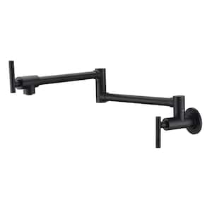 Wall Mount Pot Filler Faucet Kitchen Sink Faucet with Double Joint Swing Arms Handles and Cartridges in Matte Black