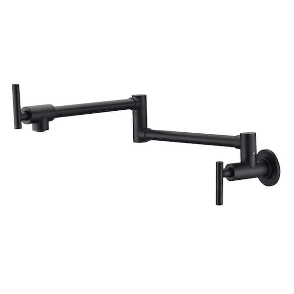 Flynama Wall Mount Pot Filler Faucet Kitchen Sink Faucet with Double Joint Swing Arms Handles and Cartridges in Matte Black