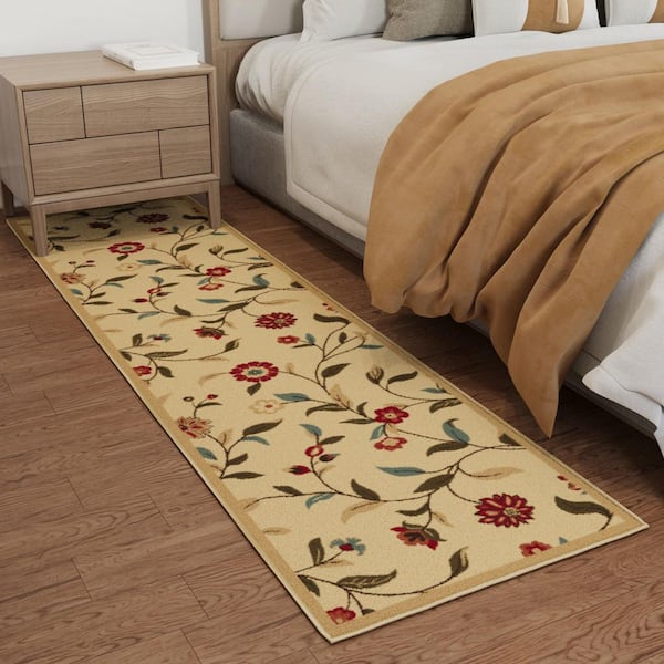 Ottohome Collection Non-Slip Rubberback Floral Leaves 2x7 Indoor Runner Rug, 1 ft. 10 in. x 7 ft., Beige