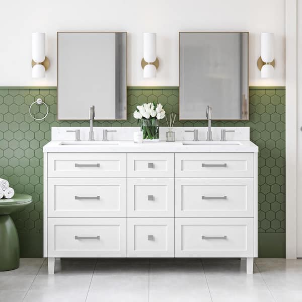 ARIEL Monroe 60 in. Double Sink Freestanding Bathroom Vanity in White with Carrara White Quartz Top