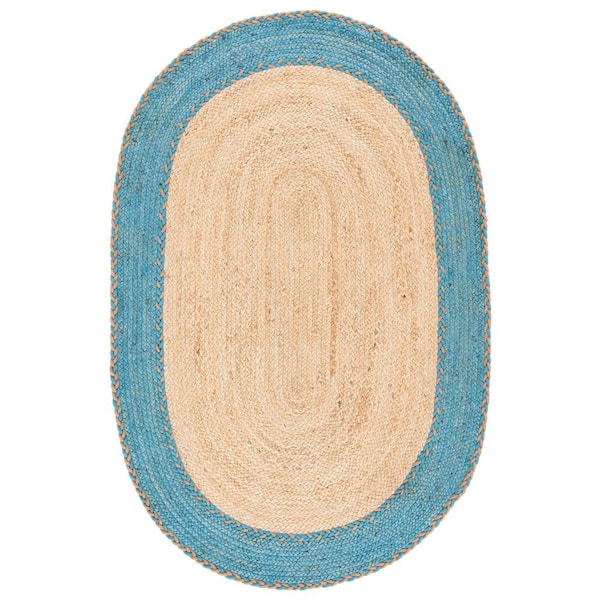 SAFAVIEH Natural Fiber Beige/Blue 4 ft. x 6 ft. Border Woven Oval Area Rug