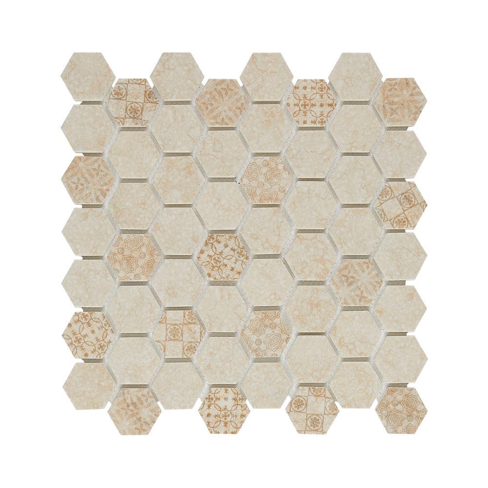 Artistic Elements Crema 12 in. x 12 in. Hex Inkjet Glazed Glass Mesh-Mounte