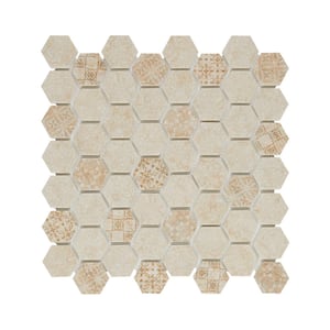 Artistic Elements Crema 12 in. x 12 in. Hex Inkjet Glazed Glass Mesh-Mounted Mosaic Tile (0.87 sq. ft./Each)