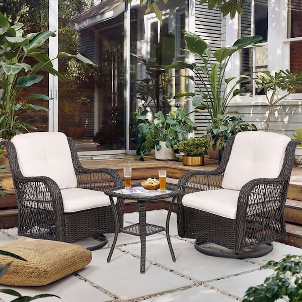3-Piece Wicker Outdoor Rocking Chairs Swivel Chairs Patio Conversation Set Chat Set with Beige Cushions and 1 Table