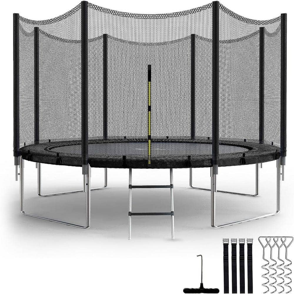 SUNRINX 12 ft. Black Round Trampoline with Safety Enclosure