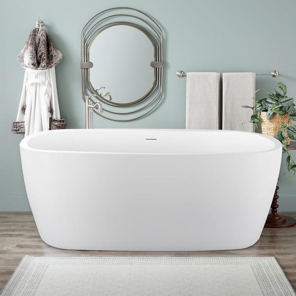 Mokleba Minimalist 59 in. Acrylic Flatbottom Non-Whirlpool Bathtub Oval Freestanding Soaking Bathtub in Glossy White