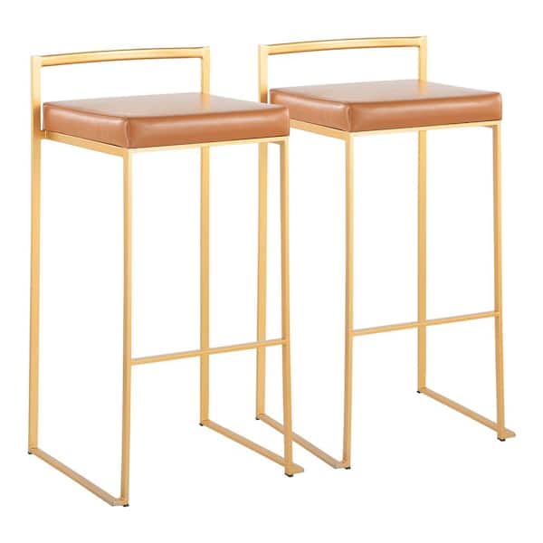 Lumisource Fuji 34 in. Camel Faux Leather and Gold Metal Bar Stool (Set of 2)
