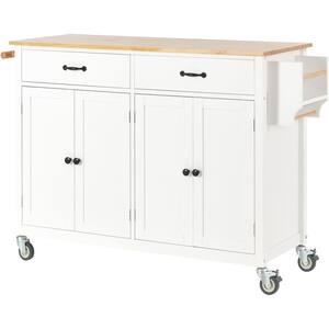 White Solid Wood Top 54.3 in. W Kitchen Island on 4-Wheels with 4-Door ...