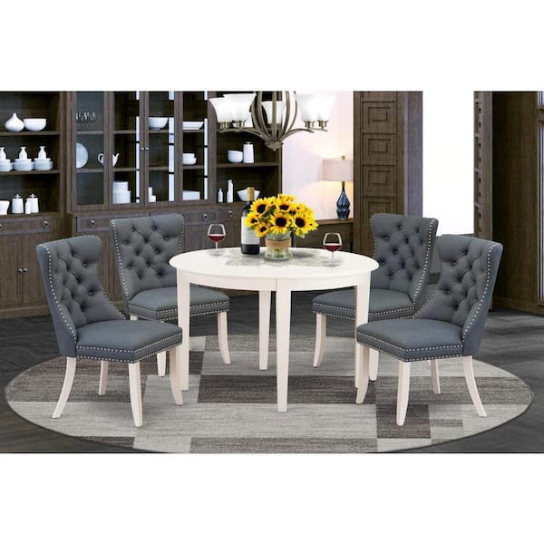 East West Furniture 5-Piece Linen White Solid Wood Top - Round Upholstered Dining Room Set - Seats 4