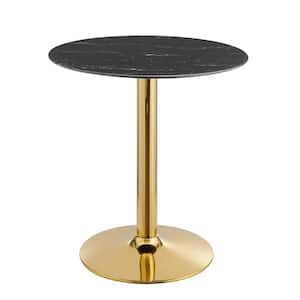 Verne 28 in. Round Artificial Marble Dining Table Black Wood Top with Gold Metal Base