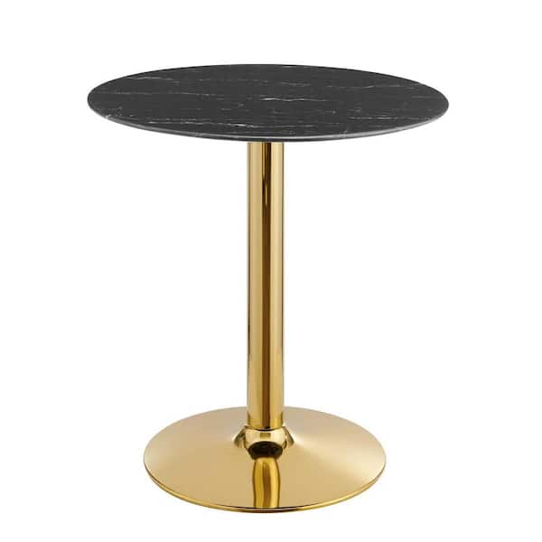 MODWAY Verne 28 in. Round Artificial Marble Dining Table Black Wood Top with Gold Metal Base