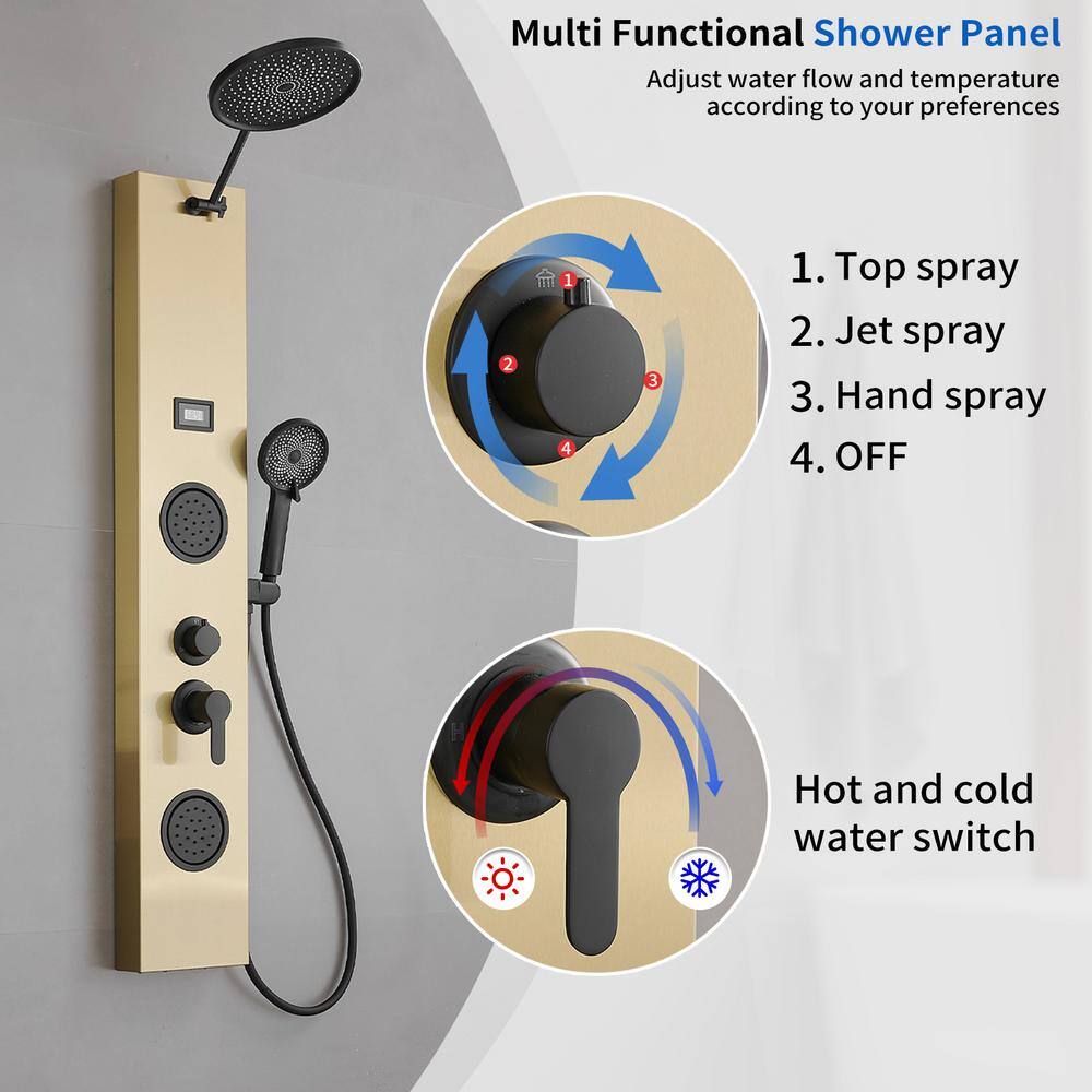 Gold and Black Stainless Steel Shower Panel System with Rainfall Shower Head