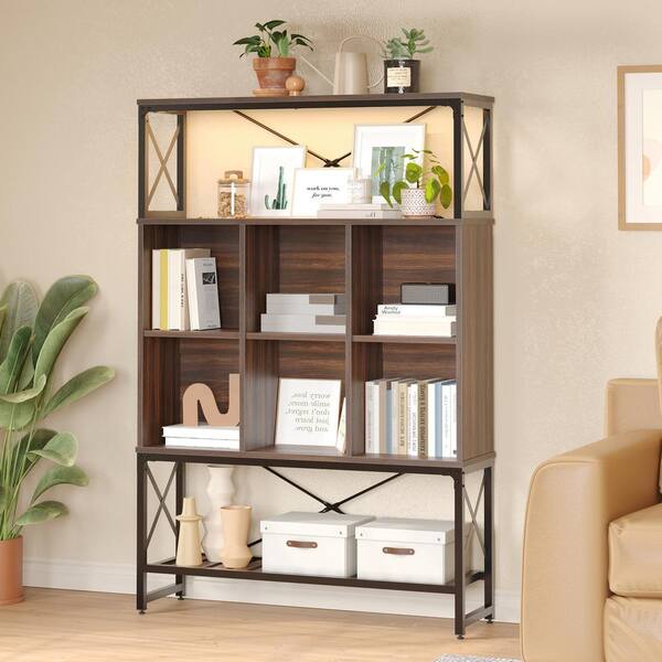 Bestier 63.78 in. Tall Brown Particle Board Industrial Style 5-Shelf LED Accent Bookcase with Cube