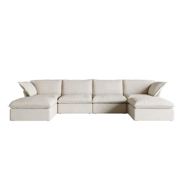 J&E Home 163 in. Flared Arm 6-Piece Linen Modular Sectional Sofa in Beige