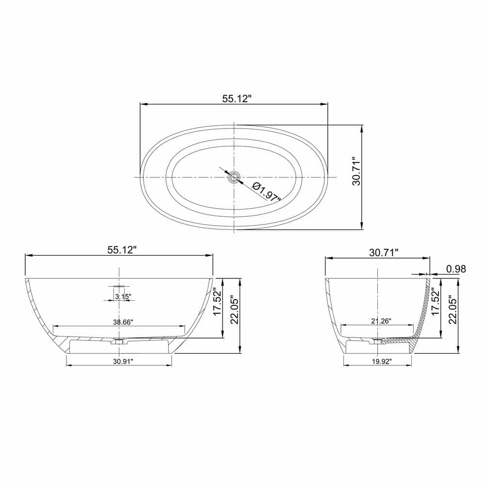 55'' Matte White Stone Resin Freestanding Double Slipper Bathtub