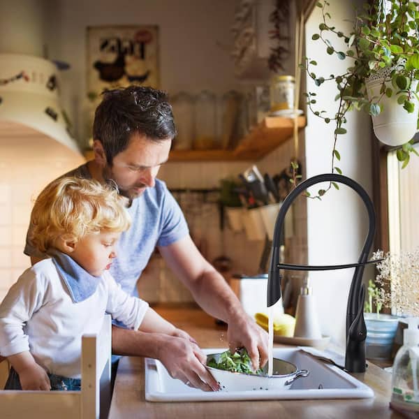 Magnetic Matte Black 19.9 in. Pull Down Sprayer Kitchen Faucet with Deckplate and Water Supply Line