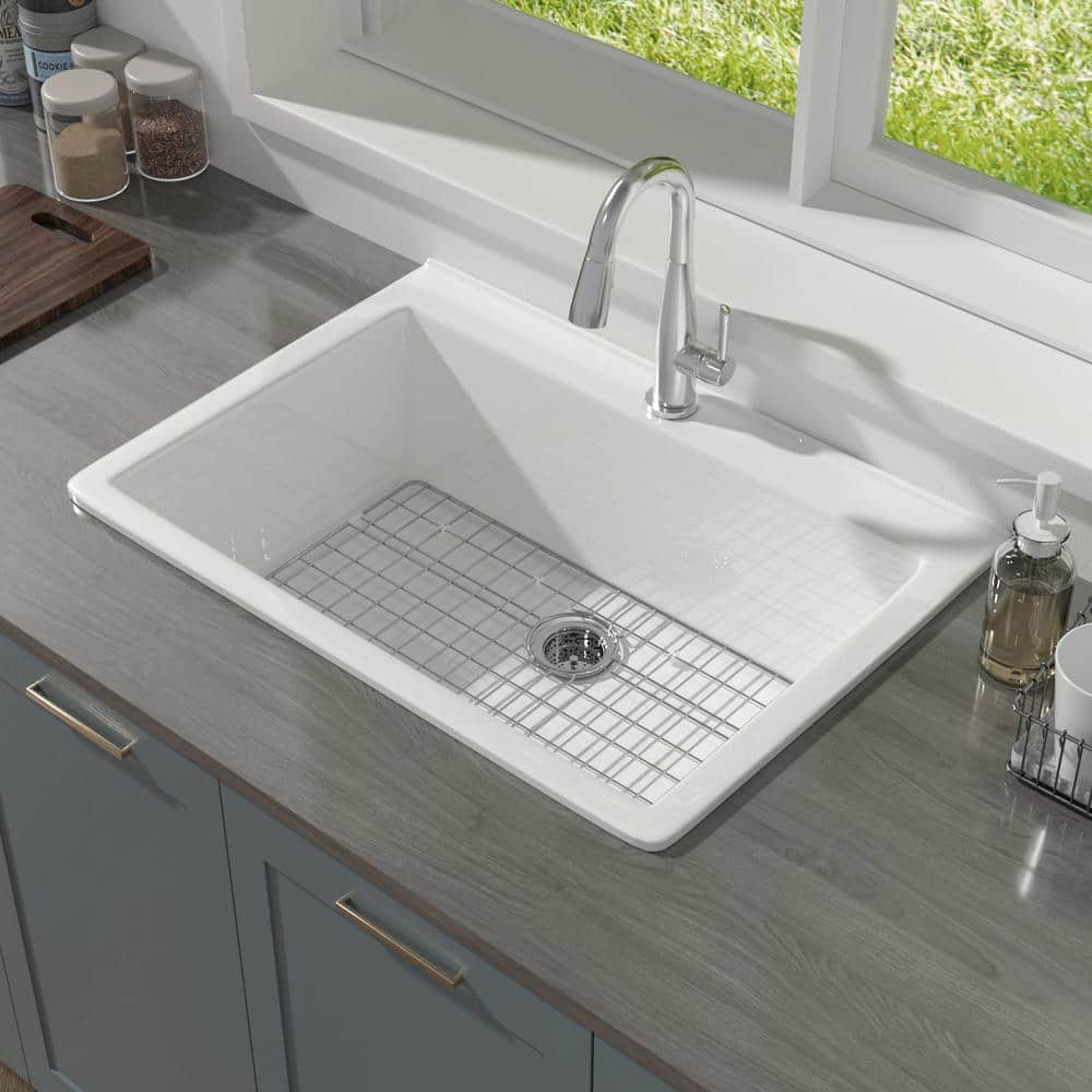30'' Glossy White Fireclay Drop-In Single Bowl Kitchen Sink