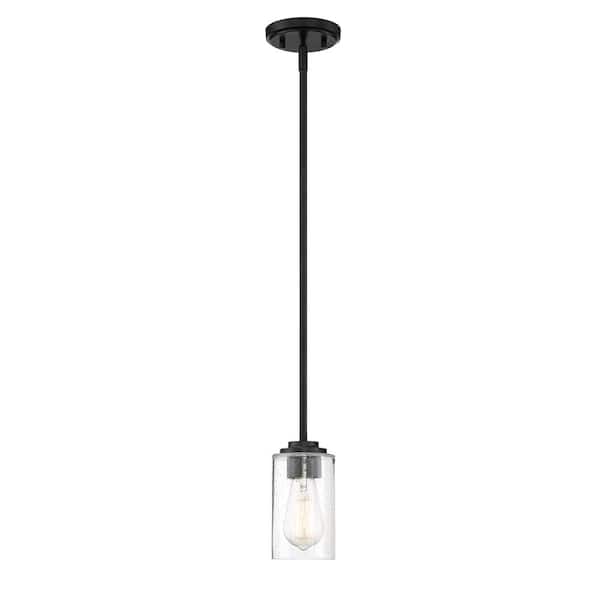 Logan 60-Watt 1-Light Matte Black Transitional Pendant Light with Clear Seedy Glass Shade and No Bulbs Included
