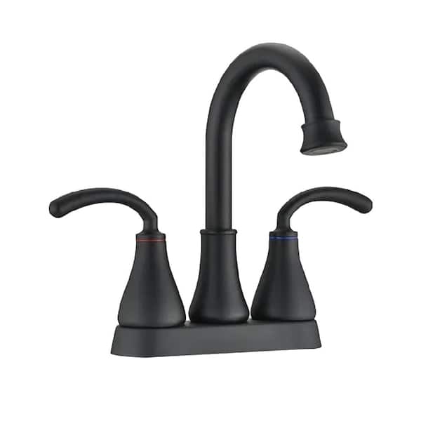 Lukvuzo 4 in. Centerset Double Handle Mid Arc Bathroom Faucet with Drain Kit Included in Matte Black
