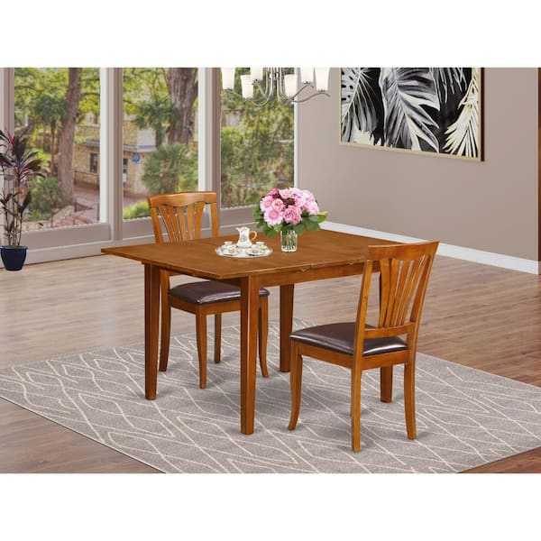 East West Furniture 3-Piece Saddle Brown Finish Solid Wood Top Dining Table Set