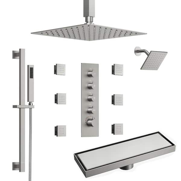 Quintuple Handles 13-Spray Dual Shower Faucets and Handheld 2.5 GPM with Body Spray in Brushed Nickel with Shower Drain