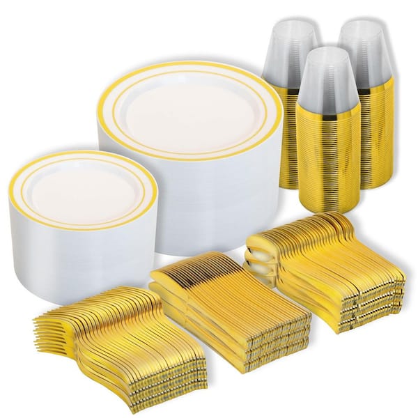 600-Piece Disposable Gold Plastic Dinnerware Set Includes 100 10-in Dinner Plates, 7-in Salad Plates