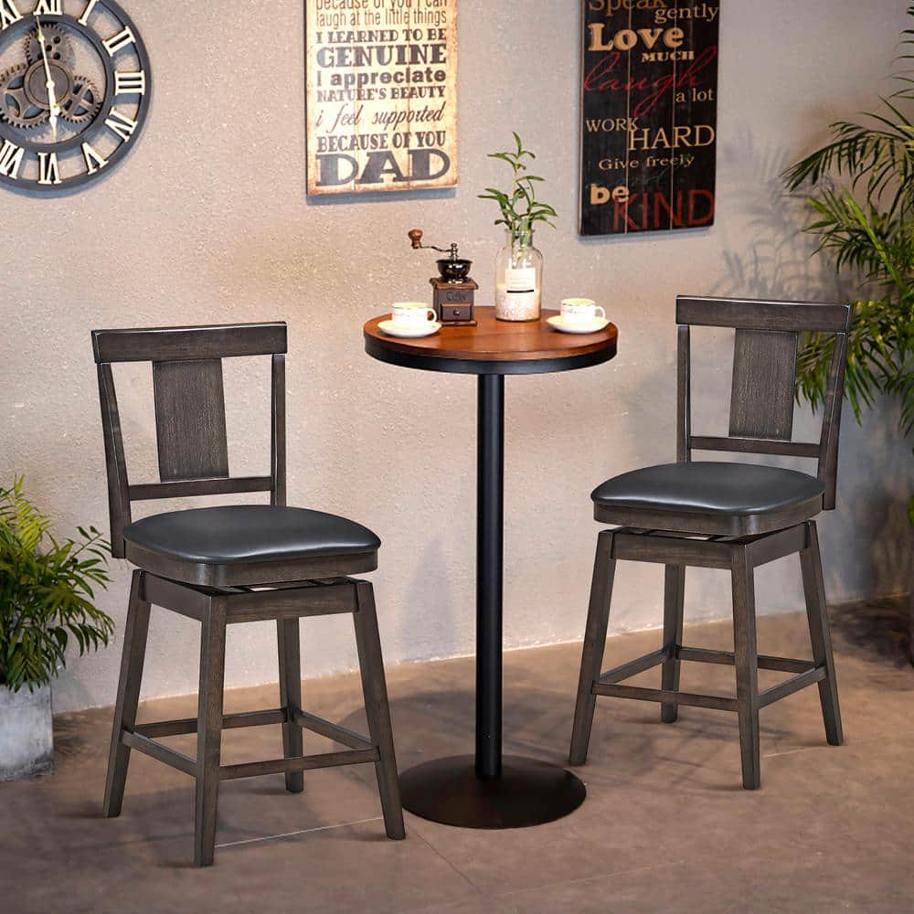 Walnut Finish Swivel Bar Stool Set, Faux Leather Cushion, Brown