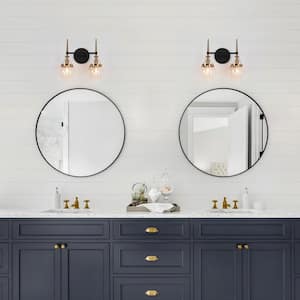 Capensis Mid-Century Modern 13.8 in. 2-Light Brass and Black Vanity Light with Clear Globe Glass Shade