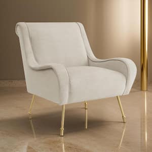 Beige and Gold Velvet Arm Chair with Metal Legs