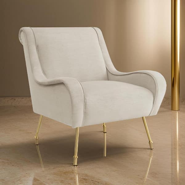 Benjara Beige and Gold Velvet Arm Chair with Metal Legs